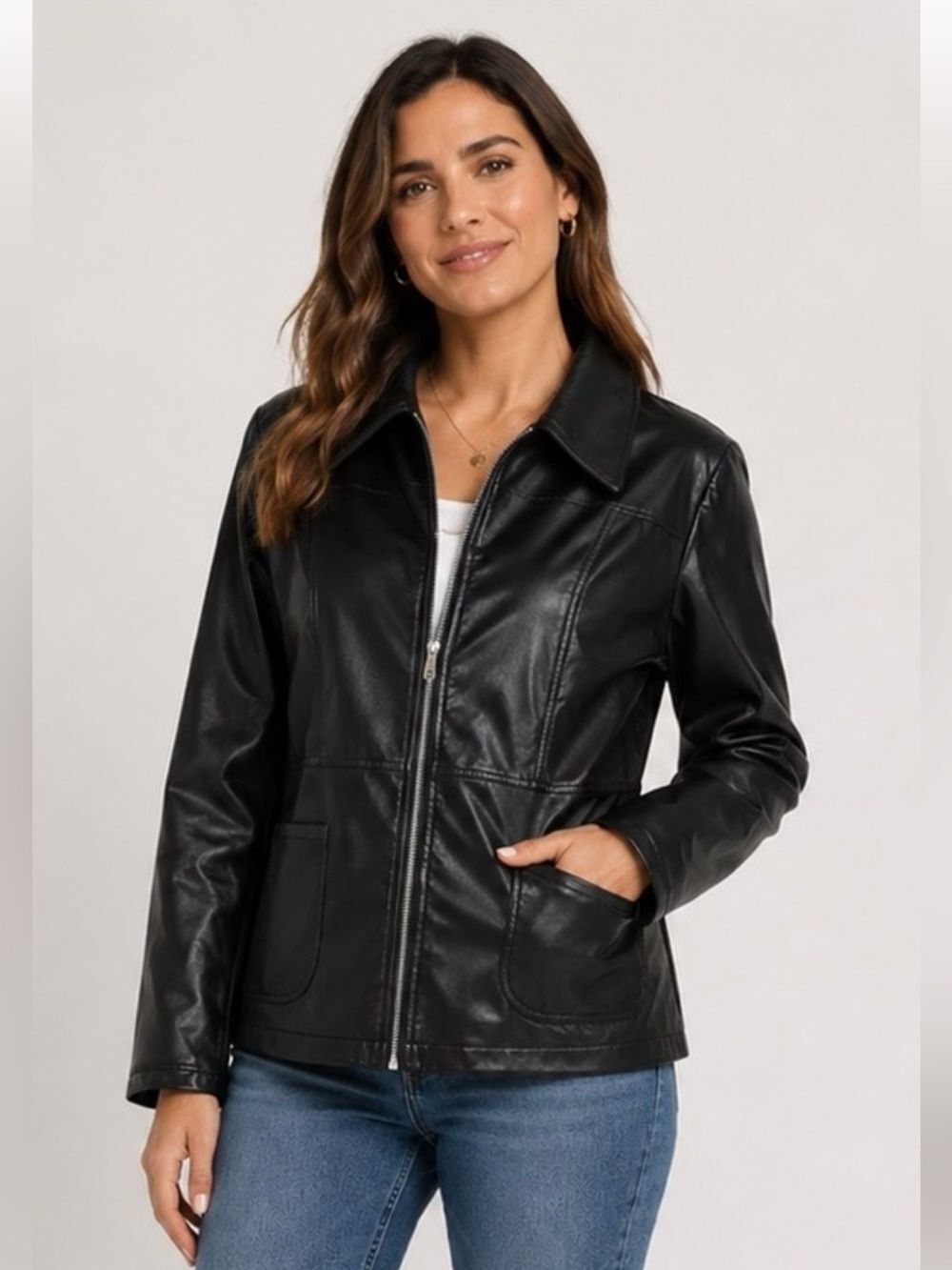 Renee Raquel Black Zipper PU Jacket, Large